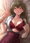  1girl ahoge bed_sheet blush bra braid braided_ponytail breasts brown_eyes brown_hair collarbone commentary_request cowboy_shot from_above high-waist_skirt highres idolmaster idolmaster_shiny_colors kuwayama_chiyuki large_breasts long_hair looking_at_viewer misakichintin on_bed one_breast_out open_clothes open_mouth open_shirt pov purple_skirt red_bra shirt shirt_tucked_in short_sleeves skirt smile solo_focus unbuttoned underwear white_shirt 