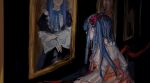  ashashio blue_hair blunt_bangs dress facing_object furudo_erika highres long_hair long_sleeves painting_(object) umineko_no_naku_koro_ni 