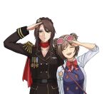  2girls ace_attorney alternate_costume belt black_belt bow bowtie breasts brown_hair brown_jacket cardigan closed_eyes closed_mouth collarbone crossover double_bun ema_skye eyewear_on_head girls&#039;_frontline green_eyes hair_bun highres jacket lana_skye lee-enfield_(girls&#039;_frontline) light_brown_hair long_sleeves looking_at_viewer matsu_arts medal medium_breasts military military_uniform multiple_girls open_mouth p90_(girls&#039;_frontline) phoenix_wright:_ace_attorney red_bow red_bowtie red_scarf salute scarf sleeves_rolled_up smile uniform upper_body white_background white_cardigan 