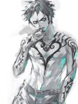  1boy archived_source arm_tattoo bad_id bad_twitter_id chest_tattoo earrings facial_hair goatee grey_background highres jewelry looking_to_the_side male_focus namagomi_(op_laaaaw_tan) one_piece pants partially_colored short_hair sideburns simple_background solo tattoo torso trafalgar_law upper_body white_background 