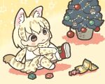  1girl :&lt; animal_ears blonde_hair blush bow bowtie candy chibi christmas christmas_ornaments christmas_stocking christmas_tree closed_mouth commentary_request elbow_gloves extra_ears food full_body gloves kemono_friends kemono_friends_3 kuro_shiro_(kuro96siro46) print_bow print_bowtie print_gloves print_skirt putting_on_shoes serval_print shirt short_hair sitting skirt sleeveless solo tail white_serval_(kemono_friends) 
