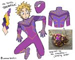  1boy blonde_hair bodysuit bug color_guide commentary connorblufin cosplay english_commentary english_text full_body hanazawa_teruki jumping_spider male_focus marvel mob_psycho_100 open_mouth photo_inset purple_bodysuit reference_inset short_hair simple_background spider spider-man spider-man_(cosplay) spider-man_(series) twitter_username white_background 