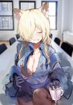  1girl absurdres animal_ear_fluff animal_ears armband blonde_hair blue_archive blue_jacket blue_shirt blue_skirt bra breasts cleavage clenched_teeth closed_eyes cup facing_viewer gloves hair_over_one_eye highres indoors jacket kanna_(blue_archive) large_breasts long_hair long_sleeves mug open_clothes pantyhose pencil_skirt qqkkay sharp_teeth shirt sketch skirt solo spill sweat table teeth underwear window 