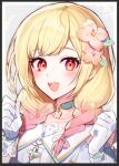  1girl blonde_hair blue_choker blush braid choker flower flower_choker gloves gradient_hair hair_flower hair_ornament low_twin_braids multicolored_hair open_mouth panprika pendant_choker pink_eyes pink_flower pink_hair project_sekai shirt smile solo tenma_saki twin_braids upper_body white_gloves white_shirt 