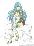  1girl aqua_hair armor boots breasts chloe_(fire_emblem) cleavage commentary_request elbow_gloves fire_emblem fire_emblem_engage gloves gofelem green_eyes high_heel_boots high_heels large_breasts long_hair shoulder_armor simple_background sitting smile solo thighhighs unfinished very_long_hair white_background white_footwear white_gloves 