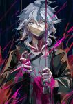  1boy ahoge blood blood_on_clothes blood_on_knife danganronpa_(series) danganronpa_2:_goodbye_despair empty_eyes fire gag green_jacket grey_eyes grey_shirt guro hadu_(b49003c) hair_between_eyes hands_up highres holding hood hood_down hooded_jacket improvised_gag injury jacket knife knifed komaeda_nagito long_sleeves male_focus medium_hair open_clothes open_jacket pink_blood shirt solo spoilers straight-on tape tape_gag upper_body wavy_hair white_hair 