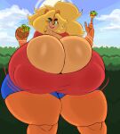  activision anthro areola_outline bandicoot big_breasts black_pupils blonde_hair bottomwear box breasts clothing cola_bandicoot container crash_bandicoot_(series) fan_character female food fruit geebie33 hair heterochromia hi_res huge_breasts huge_hips huge_thighs hyper hyper_breasts mammal marsupial multicolored_body open_mouth plant pupils shirt shorts solo thick_thighs topwear two_tone_body wide_hips wumpa_fruit 