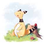  :d ampharos applin bubble closed_eyes commentary_request grass haisato_(ddclown14) no_humans open_mouth pokemon pokemon_(creature) signature sitting sleep_bubble smile tree_stump 