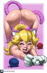  absurdres all_fours animal_ears animal_hands ass big_hair blonde_hair blush cat_ears cat_tail closed_eyes commentary echo_saber fake_tail fang full_body gloves highleg highleg_leotard highres leotard long_hair mario_(series) open_mouth pink_leotard ponytail princess_peach simple_background solo tail tail_plug teeth thong_leotard tongue top-down_bottom-up web_address white_gloves 