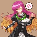  1girl bead_necklace beads black_dress blonde_hair breasts brown_background chinese_commentary closed_mouth commentary_request dress eaglov gradient_hair highres hijiri_byakuren huge_breasts jewelry juliet_sleeves long_hair long_sleeves looking_at_viewer multicolored_hair necklace pixel_art puffy_sleeves purple_hair simple_background spoken_blush touhou white_dress yellow_eyes 