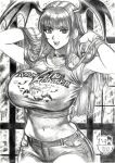  1girl animal_print bat_print breasts choker clothes_writing commentary_request crop_top demon_girl denim greyscale hands_in_hair head_wings heart heart_choker huge_breasts jeans long_hair looking_at_viewer midriff monochrome morrigan_aensland navel pants signature skidrow skindentation smile solo tank_top tongue tongue_out vampire_(game) window wings 