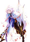  1boy ahoge blush brown_footwear brown_pants fate/grand_order fate_(series) full_body heeparang highres holding holding_staff long_sleeves looking_at_viewer male_focus merlin_(fate) pants parted_lips puffy_pants purple_eyes robe solo staff white_hair white_robe white_sleeves 