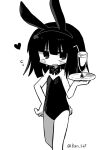  1girl animal_ears blush bow bowtie bunny_day detached_collar drink drinking_straw fake_animal_ears feet_out_of_frame greyscale hand_on_own_hip hand_up heart holding holding_plate kanikan leotard long_hair looking_at_viewer monochrome open_mouth original plate playboy_bunny rabbit_ears rabbit_tail simple_background solo standing strapless strapless_leotard tail twitter_username white_background 