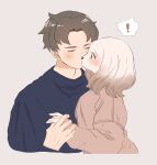  ! 1boy 1girl brown_eyes brown_hair closed_eyes dog_girl furry furry_female gradient_hair kiss multicolored_hair original sasanaco short_hair simple_background spoken_exclamation_mark two-tone_hair white_hair 