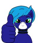  anthro blue_body blue_mane choker equid equine expression_meme fan_character female gen4 gesture green_eyes hasbro horse jewelry kinkycoconuts mammal mane meme my_little_pony necklace neutral_expression pony simple_background solo thumbs_up 