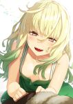  1girl blonde_hair breasts brown_eyes cleavage commentary_request dress fumetsu_no_anata_e green_hair hair_between_eyes highres long_hair looking_at_viewer meth_(emethmeth) multicolored_hair open_mouth rean_cropp sharp_teeth sleeveless sleeveless_dress small_breasts smile solo sundress teeth upper_body 