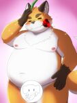  anthro belly benisyougayaki blush canid canine eyebrows flower flower_in_mouth fox fupa fur hi_res iyo_(tamacolle) male mammal moobs navel nipples nude orange_body orange_fur overweight plant rose_(flower) rose_in_mouth solo tamacolle thick_eyebrows 