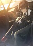  1girl absurdres black_hair blue_eyes braid car car_interior dreadtie french_braid gun highres holding holding_gun holding_weapon long_hair long_skirt motor_vehicle original skirt solo submachine_gun sunlight suppressor trigger_discipline watermark weapon 