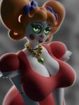  2021 3d_(artwork) absurd_res animatronic bedroom_eyes big_breasts black_pupils blue_ribbon breasts circus_baby_(fnaf) clothing digital_media_(artwork) dress eyelashes female five_nights_at_freddy&#039;s green_eyes hair half-closed_eyes half-length_portrait hi_res humanoid jewelry lipstick looking_at_viewer machine makeup narrowed_eyes necklace orange_hair pigtails portrait pupils rckke red_clothing red_dress ribbons robot robot_humanoid scottgames seductive sister_location solo white_body 