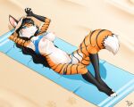  2023 absurd_res anthro areola beach bikini black_body black_fur black_hair blue_eyes blush breasts canid canine chest_tuft claws clothed clothing collar digital_media_(artwork) felid female fox fur genitals hair hat headgear headwear hi_res hybrid kirana_(teisarr) looking_at_viewer lying mammal markings navel nipples on_back orange_body orange_fur pantherine panties panties_down partially_clothed pussy raised_bikini raised_clothing raised_swimwear seaside solo sports_bikini striped_body striped_fur striped_markings striped_tail stripes sun_hat swimwear tail tail_markings teisarr tiger towel tuft underwear underwear_down white_body white_fur 