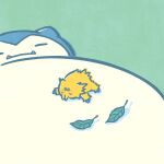  bug closed_eyes commentary_request green_background highres joltik leaf lying_on_another momo_irone no_humans official_art pokemon pokemon_(creature) simple_background sleeping snorlax 