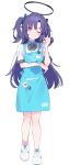  1girl absurdres apron aqua_apron blue_archive blush bow bowtie closed_mouth collared_shirt full_body halo highres id_card long_hair mechanical_halo one_eye_closed parted_bangs pointing pointing_up purple_eyes purple_hair red_pupils shirt shoes short_sleeves sidelocks smile sneakers solo standing striped striped_bow sutora_binsuke triangle_hair_ornament two_side_up white_footwear white_shirt yuuka_(blue_archive) 