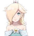  bare_shoulders blonde_hair blue_dress blue_eyes brooch closed_mouth commentary crown dress earrings hair_over_one_eye haniwa_(8241427) jewelry long_hair looking_at_viewer mario_(series) off-shoulder_dress off_shoulder rosalina smile star_(symbol) star_brooch star_earrings super_mario_galaxy upper_body white_background 