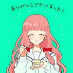  1girl aqua_background bow closed_eyes closed_mouth commentary_request drill_hair food haagen-dazs hair_bow holding holding_food holding_ice_cream holding_spoon ice_cream komadori_kokoro long_hair multiple_hair_bows naoi_mai official_art pink_hair red_bow sailor_collar school_uniform smile spoon translation_request twin_drills very_long_hair white_sailor_collar yuri_de_naru_esupowaru 