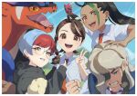  1boy 3girls :d arven_(pokemon) black_hair border braid breast_pocket brown_eyes collared_shirt commentary_request day eyelashes fingerless_gloves glasses gloves green_hair hand_up hood hoodie juliana_(pokemon) koraidon long_hair long_sleeves looking_at_viewer multicolored_hair multiple_girls nako_(nekono_shippo75) necktie nemona_(pokemon) open_mouth orange_eyes orange_necktie outdoors penny_(pokemon) pocket pokemon pokemon_(creature) pokemon_(game) pokemon_sv ponytail round_eyewear school_uniform shirt single_glove sky sleeves_past_wrists smile teeth tongue two-tone_hair upper_teeth_only v white_border white_shirt 