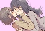  2girls absurdres betock black_hair brown_hair closed_eyes dutch_angle eyelashes fingernails hand_on_another&#039;s_cheek hand_on_another&#039;s_face highres hug kiss long_hair long_sleeves multiple_girls original pink_background short_hair simple_background sweater yuri 