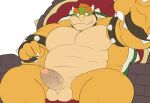  4_fingers anthro armband balls beartouma_0517 biped bowser bracelet chair collar darkened_genitalia erection fingers foreskin furniture genitals hair hi_res horn humanoid_genitalia humanoid_penis jewelry koopa looking_at_viewer male mario_bros muscular muscular_anthro muscular_male nintendo orange_hair partially_retracted_foreskin penis scalie shell sitting smile solo spiked_armband spiked_bracelet spiked_collar spiked_shell spikes spikes_(anatomy) throne 