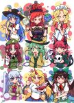  6+girls :/ :3 :d animal_ears beret black_bow black_headwear black_shirt blonde_hair blue_eyes blue_hair bow bowtie braid brown_hair cape cat_ears cat_tail closed_mouth clothes_writing commentary cup earth_(ornament) extra_ears green_bow green_eyes green_hair green_headwear grey_hair grey_wings grin hair_bow hat hat_ornament hat_ribbon hecatia_lapislazuli hinanawi_tenshi holding holding_cup holding_skull holding_sword holding_weapon hong_meiling horns hoshiguma_yuugi kaenbyou_rin kishin_sagume komeiji_koishi long_hair long_sleeves maid maid_headdress medium_hair moon_(ornament) multiple_girls multiple_tails oni_horns open_mouth peach_hat_ornament pointy_ears purple_eyes rainbow_order red_bow red_bowtie red_eyes red_hair red_horns reiuji_utsuho ribbon sakazuki shirt short_hair side_braids signature single_horn single_wing skull smile star_(symbol) star_hat_ornament starry_sky_print sword sword_of_hisou symbol-only_commentary tail theyoiy third_eye touhou touhou_(pc-98) twin_braids two_tails upper_body v-shaped_eyebrows weapon white_cape white_shirt wide_sleeves wings yellow_eyes yellow_ribbon yumeko_(touhou) 