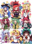  6+girls :/ :3 :d animal_ears beret black_bow black_headwear black_shirt blonde_hair blue_eyes blue_hair bow bowtie braid brown_hair cape cat_ears cat_tail closed_mouth clothes_writing commentary cup earth_(ornament) extra_ears green_bow green_eyes green_hair green_headwear grey_hair grey_wings grin hair_bow hat hat_ornament hat_ribbon hecatia_lapislazuli hinanawi_tenshi holding holding_cup holding_skull holding_sword holding_weapon hong_meiling horns hoshiguma_yuugi kaenbyou_rin kishin_sagume komeiji_koishi long_hair long_sleeves maid maid_headdress medium_hair moon_(ornament) multiple_girls multiple_tails oni_horns open_mouth peach_hat_ornament pointy_ears polos_crown purple_eyes rainbow_order red_bow red_bowtie red_eyes red_hair red_horns reiuji_utsuho ribbon sakazuki shirt short_hair side_braids signature single_horn single_wing skull smile star_(symbol) star_hat_ornament starry_sky_print sword sword_of_hisou symbol-only_commentary tail theyoiy third_eye touhou touhou_(pc-98) twin_braids two_tails upper_body v-shaped_eyebrows weapon white_cape white_shirt wide_sleeves wings yellow_eyes yellow_ribbon yumeko_(touhou) 