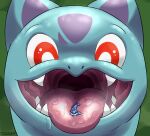  2018 ambiguous_gender bodily_fluids bulbasaur duo generation_1_pokemon generation_7_pokemon green_background headshot_portrait hi_res macro micro nintendo on_tongue pokemon pokemon_(species) popplio portrait saliva saliva_string simple_background suddendraft teeth tongue tongue_out 