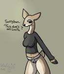  2023 anthro black_clothing black_shirt black_topwear bottomless bottomless_anthro bottomless_female breasts chastity_belt chastity_device clothed clothing deer dialogue english_text female green_background hoof_hands hooves lock mammal metal_chastity_belt padlock shaded shirt simple_background standing steelgatomon submissive submissive_anthro submissive_female text topwear 