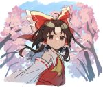  1girl :/ ahoge bare_shoulders blush bow brown_eyes brown_hair cherry_blossoms day detached_sleeves expressionless frills from_below hair_bow hakurei_reimu highres jill_07km long_hair long_sleeves looking_at_viewer nose_blush outdoors parted_bangs red_vest sky solo touhou upper_body vest 