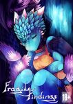  2018 ambiguous_gender anonymous_artist anthro biped blue_body blue_scales carrying carrying_another carrying_partner clothed clothing collar comic cover cover_art cover_page duo english_text eyes_closed female horn kobold raining scales scalie text unknown_species zuka_(fragile_findings) 