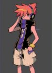  1boy belt black_belt black_jacket bright_pupils grey_background hair_between_eyes hand_in_pocket headphones highres jacket male_focus menma_(enaic31) orange_hair purple_eyes sakuraba_neku short_hair shorts simple_background sleeveless sleeveless_jacket solo spiked_hair subarashiki_kono_sekai white_pupils white_shorts yellow_wristband 