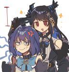  2girls anger_vein b_cat610 black_gloves black_hair blue_eyes blue_hair blue_ribbon demon_horns false_smile gloves hair_intakes height_conscious height_difference hololive hololive_english horns long_hair medium_hair multiple_girls nerissa_ravencroft ouro_kronii ouro_kronii_(1st_costume) red_eyes ribbon smile sweat virtual_youtuber 