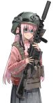  1girl absurdres assault_rifle black_skirt blue_eyes bocchi_the_rock! chest_rig combat_helmet gotoh_hitori gun hanabusaraleigh helmet highres jacket long_hair m4_carbine nervous optical_sight pink_hair pink_jacket rifle skirt solo suppressor track_jacket vertical_foregrip weapon white_background 