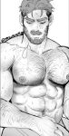  1boy abs after_bathing arm_hair bara beard chest_hair closed_eyes facial_hair greyscale hairy large_pectorals magnum_opus_(mewniverse) male_focus mature_male mewniverse monochrome multicolored_hair muscular muscular_male mustache naked_towel navel navel_hair nipples pectorals sam_(mewniverse) short_hair solo thick_eyebrows thick_thighs thighs topless_male towel two-tone_hair wet 