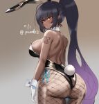 1girl animal_ears ass black_hair black_leotard blue_archive blush breasts dark-skinned_female dark_skin dated detached_collar earrings fake_animal_ears fake_tail fishnet_pantyhose fishnets gloves gradient_background jewelry karin_(blue_archive) karin_(bunny)_(blue_archive) large_breasts leotard long_hair looking_back pantyhose paundo2 playboy_bunny ponytail rabbit_ears rabbit_tail sideboob simple_background solo strapless strapless_leotard stud_earrings tail twitter_username very_long_hair white_gloves wrist_cuffs yellow_eyes 