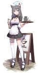  1girl absurdres alternate_costume animal_ear_fluff animal_ears apron black_dress black_ribbon blue_archive blue_eyes breasts bridal_garter cleavage cross_hair_ornament cup dress enmaided full_body grey_hair hair_ornament halo highres holding holding_menu holding_tray hwan_(verypoor) long_hair maid maid_apron medium_breasts menu mismatched_pupils neck_ribbon puffy_short_sleeves puffy_sleeves ribbon shiroko_(blue_archive) short_sleeves sign solo thighhighs tray white_thighhighs wolf_ears wolf_girl zettai_ryouiki 