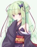  1girl bare_shoulders black_kimono blunt_bangs blunt_ends butterfly_hair_ornament commentary cowboy_shot eyelashes eyes_visible_through_hair flat_chest floral_print green_background green_hair hair_ornament head_tilt japanese_clothes kimono light_blush long_hair looking_at_viewer murasame_(senren) n_rinkoro open_mouth purple_ribbon red_eyes red_sash ribbon sash senren_banka simple_background sleeves_past_wrists solo standing straight_hair two_side_up very_long_hair wide_sleeves 
