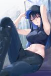  1girl absurdres bare_shoulders baseball_cap black_hair black_headwear black_pants black_shirt blue_archive blue_eyes breasts chankuro crop_top halo hat highres large_breasts long_hair looking_at_viewer midriff navel open_mouth pants saori_(blue_archive) shirt sitting sleeveless sleeveless_shirt solo thighs 