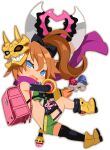  axe backpack bag belly blue_eyes boots brown_hair harada_takehito mask mask_on_head mesugaki mushroom non-web_source official_art oni_mask scarf shikabane-gurai_no_bouken_meshi shorts side_ponytail single_sock smile smug socks weapon 