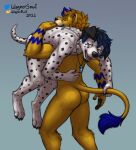  anthro blue_hair butt canid canine canis carrying carrying_another carrying_over_shoulder carrying_partner claws dalmatian dexterlion domestic_dog duo facial_hair felid fireman&#039;s_carry floppy_ears fur goatee hair hi_res highlights_(coloring) jewelry lion male male/male mammal necklace nude pantherine smile spots spotted_body spotted_fur tail tail_grab tail_tuft toe_claws tuft wagnermutt white_body white_fur yellow_body yellow_fur 