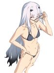  1girl bare_shoulders bikini breasts collarbone das_(dan_dan) fate/grand_order fate_(series) forked_eyebrows glasses gradient_hair grey_bikini grey_hair highres long_hair looking_at_viewer melusine_(fate) multicolored_hair navel open_mouth sidelocks small_breasts smile solo swimsuit thighs white_hair yellow_eyes 