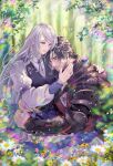  1boy 1girl beard black_cape black_hair braid cape clive_rosfield facial_hair final_fantasy final_fantasy_xvi flower grey_hair highres hug jill_warrick leather_vest neck_ribbon ribbon scar scar_on_face single_braid smile sunlight zenyu 