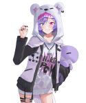  1girl animal_hood bear_hood black_nails blue_eyes blush dragoon_(selen_tatsuki) grin heterochromia highres hood hoodie jacket jacket_over_hoodie konchi_(63438789) nijisanji nijisanji_en open_clothes open_jacket pink_eyes purple_hair selen_tatsuki selen_tatsuki_(3rd_costume) smile solo stuffed_animal stuffed_dragon stuffed_toy swept_bangs thigh_strap virtual_youtuber white_hoodie 